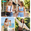Three women showcasing a crossbody shoulder bag in various casual settings: daily, holiday, and sports.