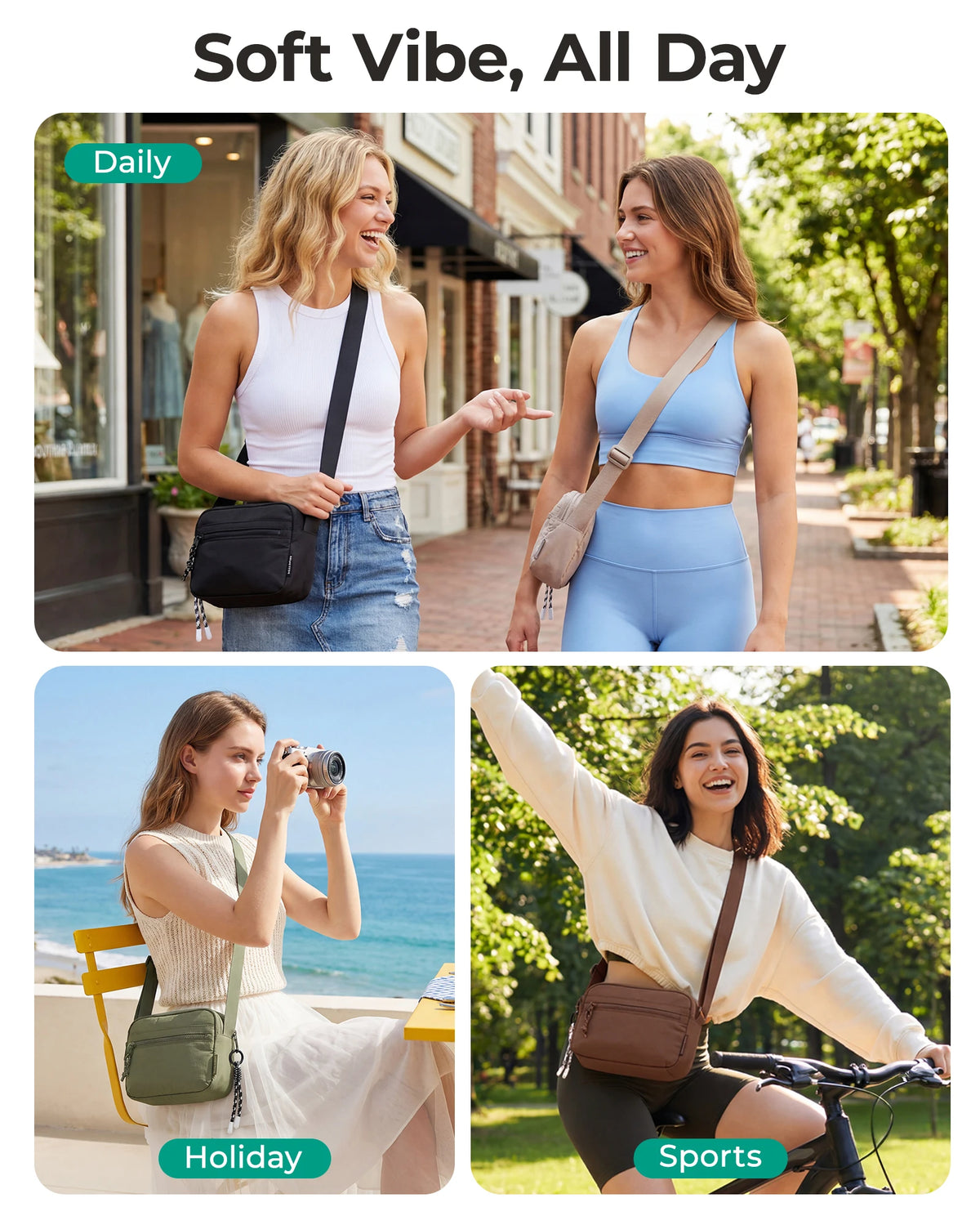 Three women showcasing a crossbody shoulder bag in various casual settings: daily, holiday, and sports.