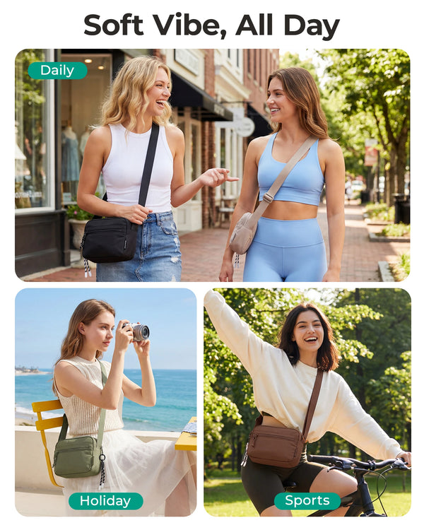 Drei Frauen präsentieren eine Crossbody-Tasche in verschiedenen Freizeitumgebungen: Alltag, Urlaub und Sport.