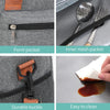 Un juego de características para una bolsa de almuerzo, incluyendo un bolsillo frontal, un bolsillo de malla interior, hebill