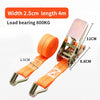Orange heavy-duty ratchet strap with a 2.5cm width and 4m length for securing luggage.
