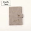 A grey D style passport cover made of premium PU leather featuring a silhouette of an airplane.