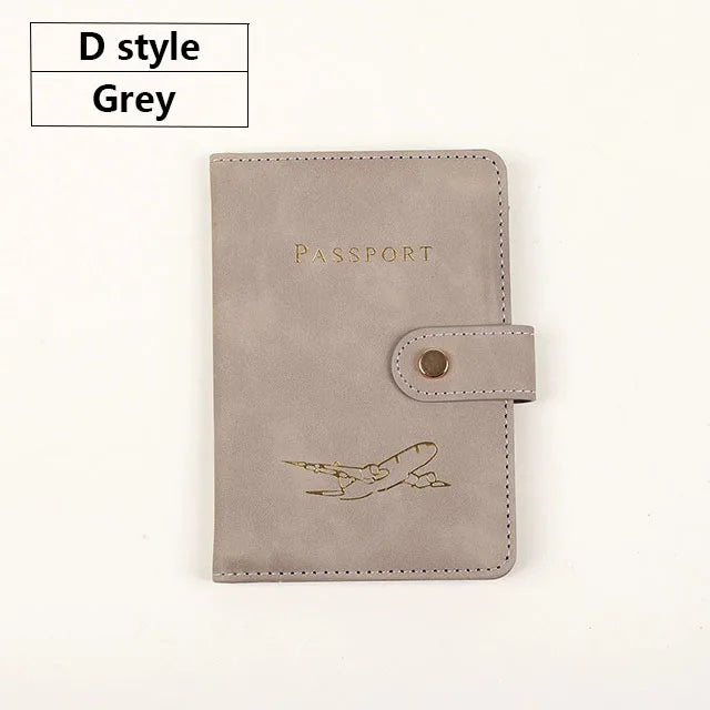 A grey D style passport cover made of premium PU leather featuring a silhouette of an airplane.