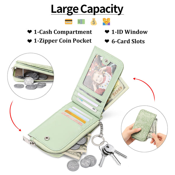 A light green ladies zip coin purse shown open with various compartments and a key ring.