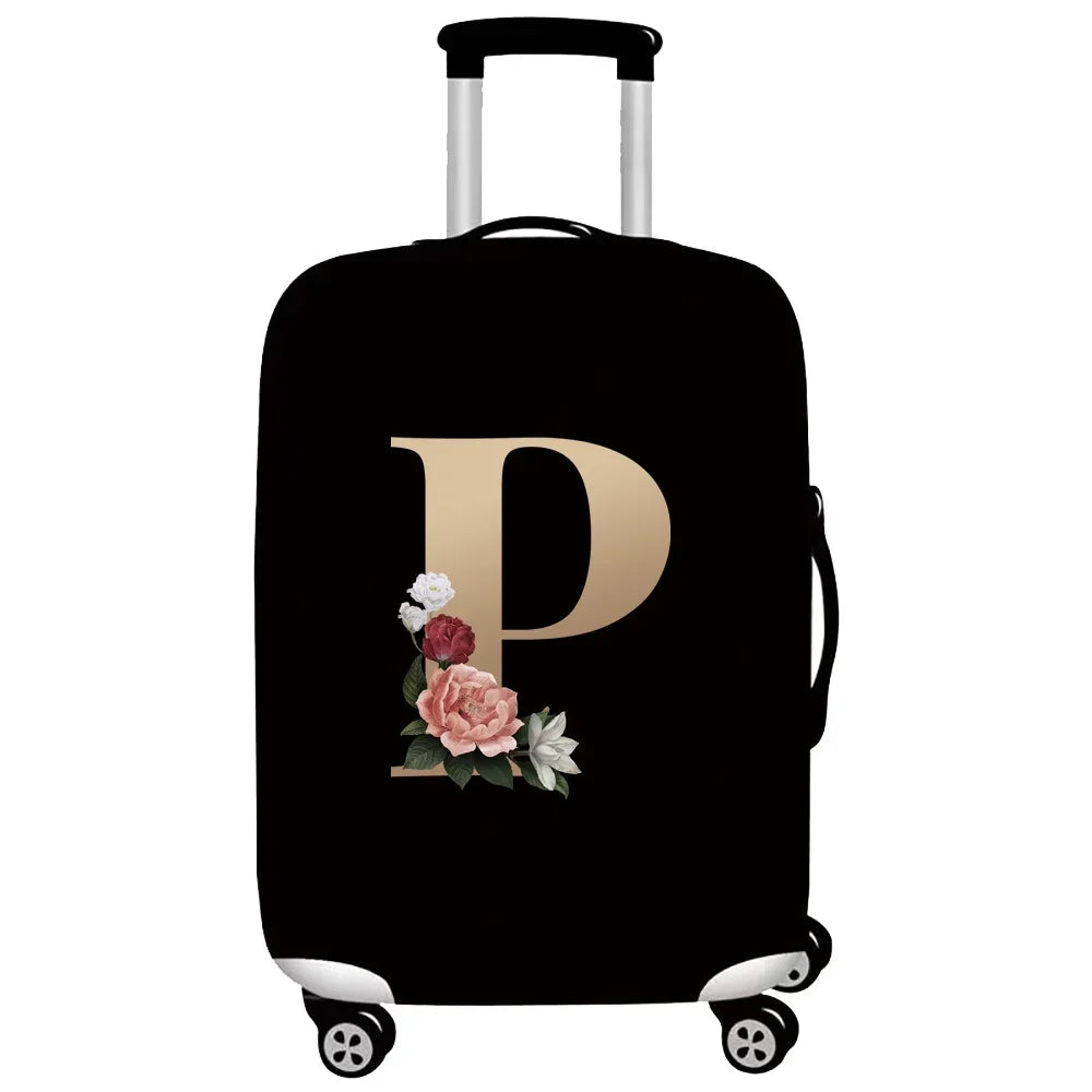 Black premium stretch luggage protective cover with a gold initial P and pink floral design