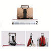 A heavy-duty nylon luggage strap with a brown leather handle is shown alongside various travel accessories.