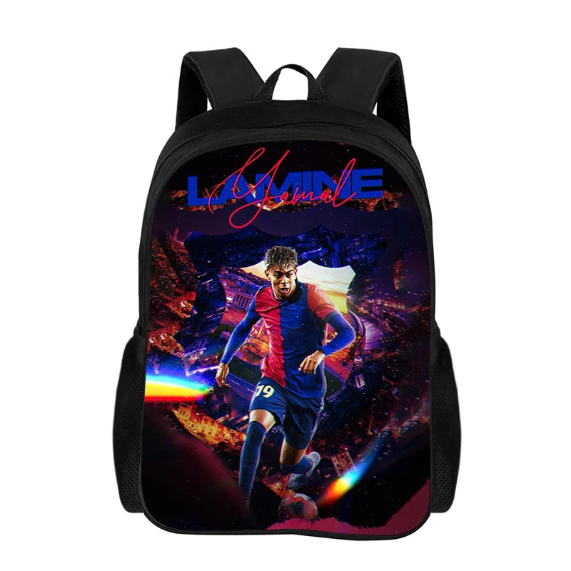A black backpack featuring a vibrant graphic of a soccer player in action.