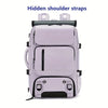 A light purple backpack with hidden shoulder straps and black accents.