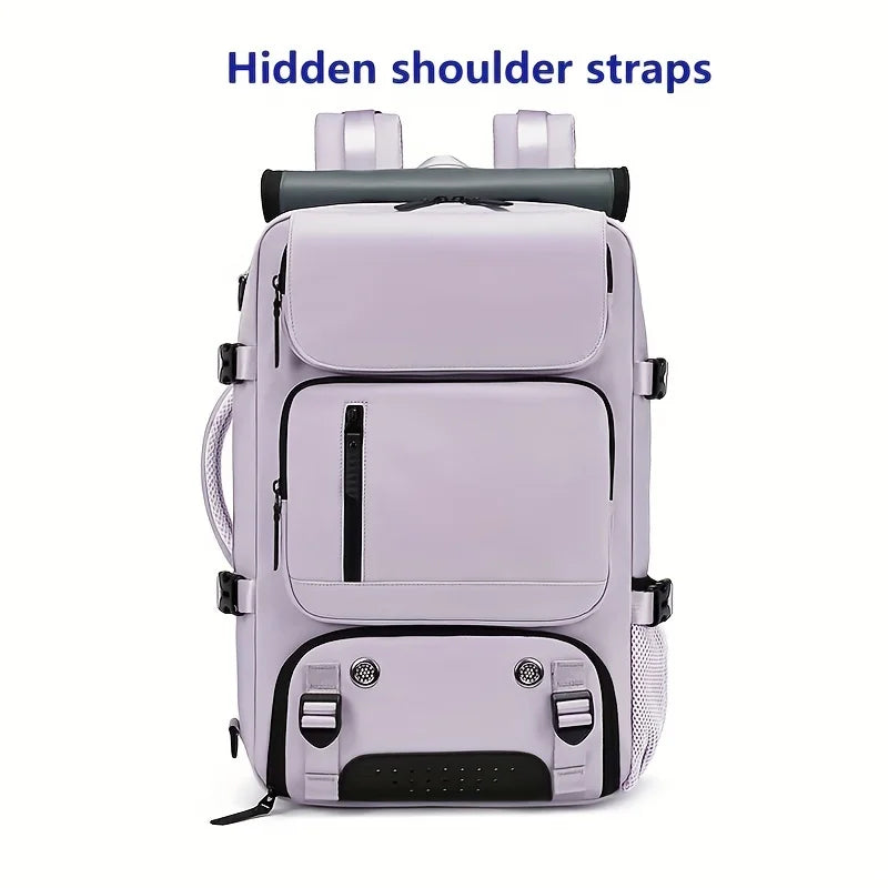 A light purple backpack with hidden shoulder straps and black accents.