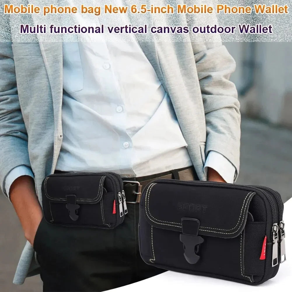 Black vertical canvas wallet pouch worn on a tactical belt by a person.