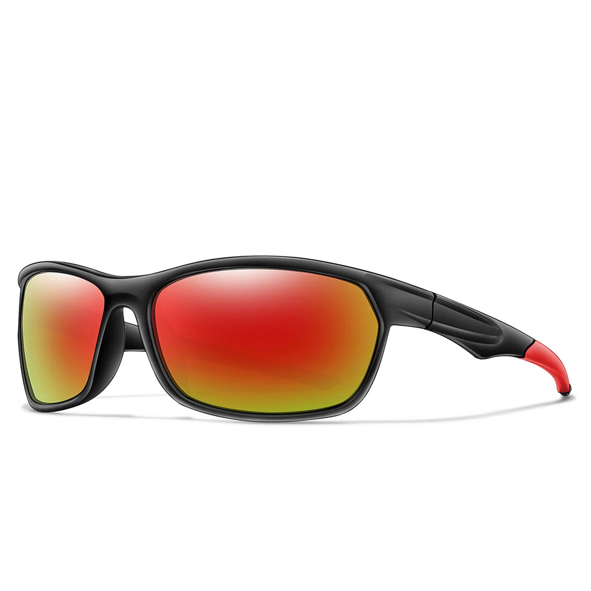 Gafas deportivas polarizadas negras con lentes tintados naranja contra fondo blanco.