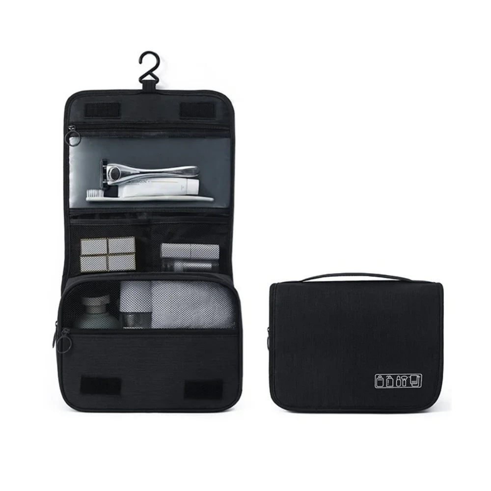 Black portable waterproof toiletry washbag with a hanging hook and an open compartment.