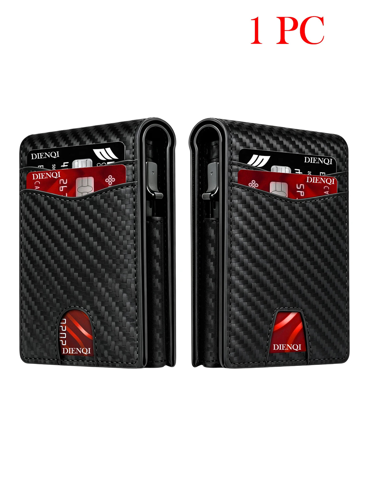 Black leather wallet with RFID blocking features and a card slot, shown from the front.
