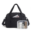 Black expandable lightweight travel duffle bag with a front pocket and a clear cosmetic organizer inside