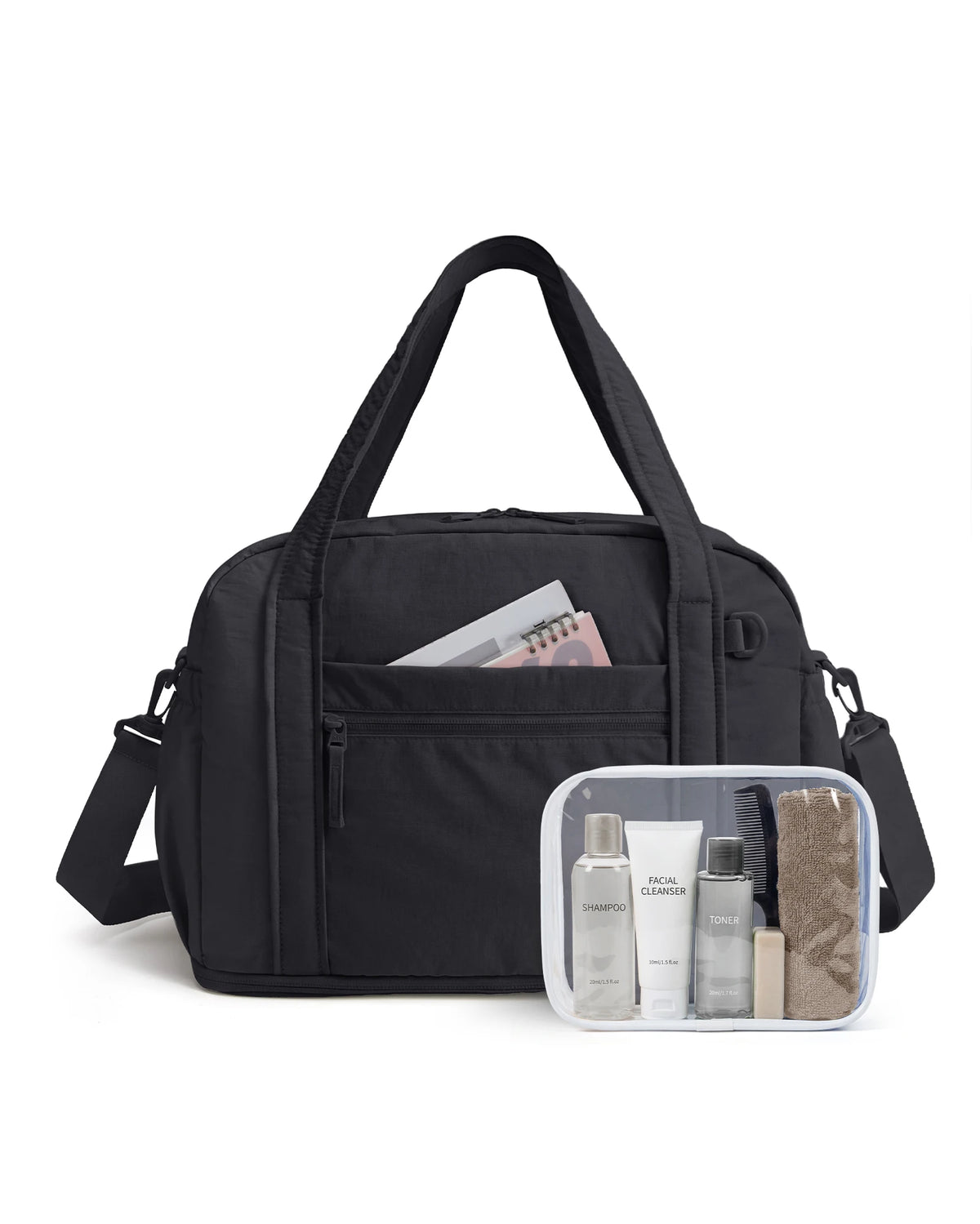Black expandable lightweight travel duffle bag with a front pocket and a clear cosmetic organizer inside