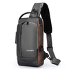 A dark gray and brown anti-theft zippered men's crossbody bag with a black adjustable strap.
