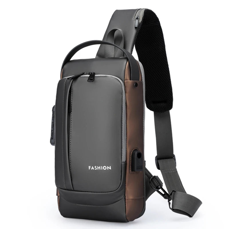A dark gray and brown anti-theft zippered men's crossbody bag with a black adjustable strap.
