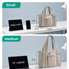 Comparison of small and medium portable everyday carry bags, showing how they fit iPads and laptops.