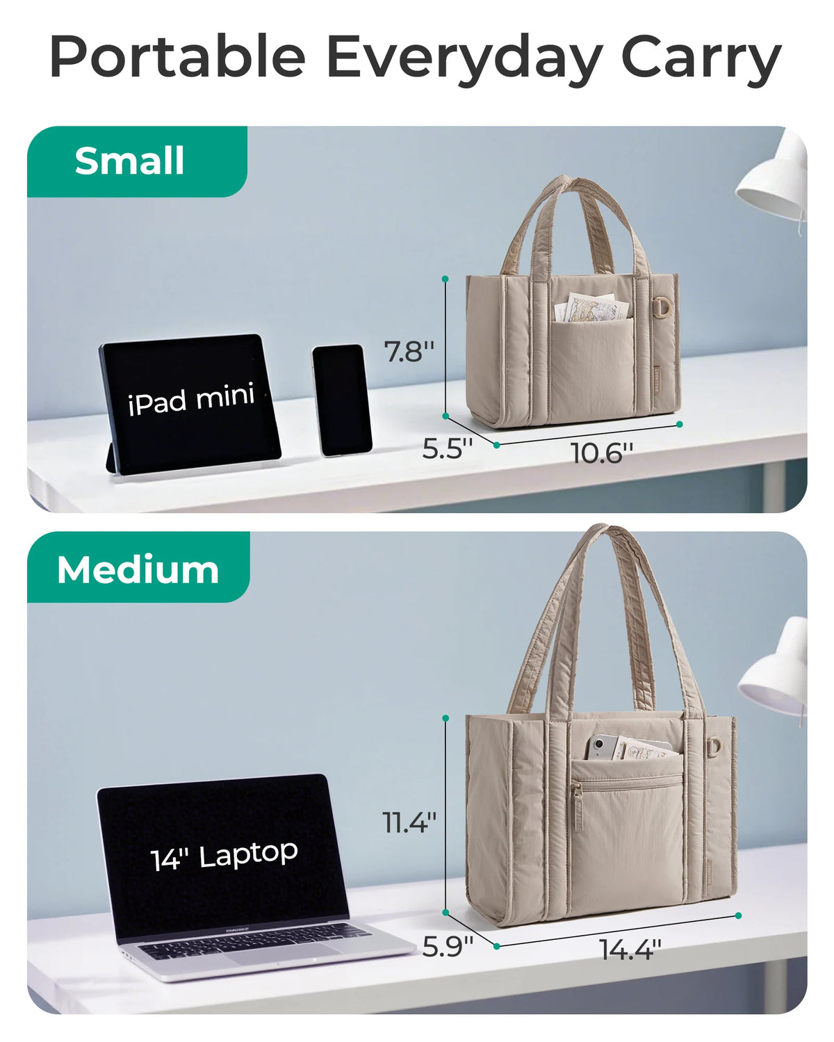 Comparison of small and medium portable everyday carry bags, showing how they fit iPads and laptops.