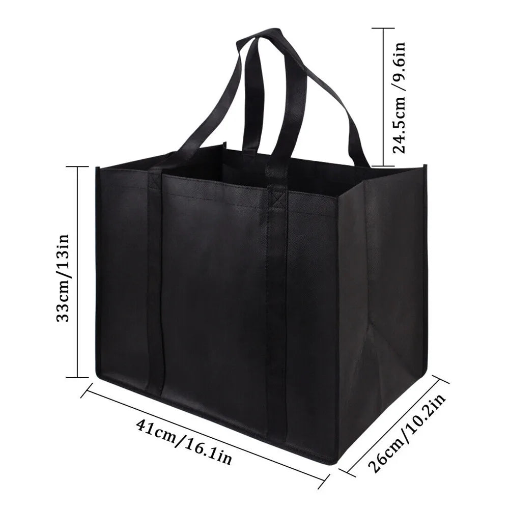 Black reusable eco-friendly tote bag with handles shown from the side and top view.
