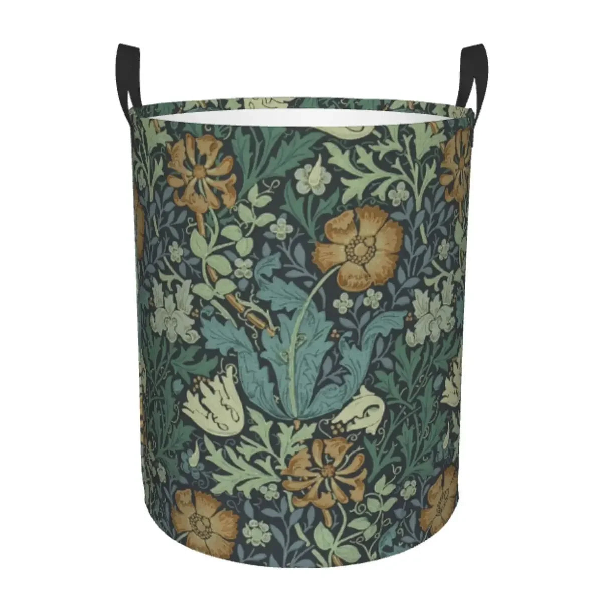 A vintage floral laundry hamper with a dark green and gold pattern, featuring large leaves and flowers.
