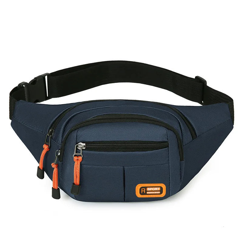 Navy blue multifunctional anti-theft waist pack with black strap and orange accents