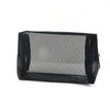 Black mesh travel cosmetic storage pouch with a zipper.