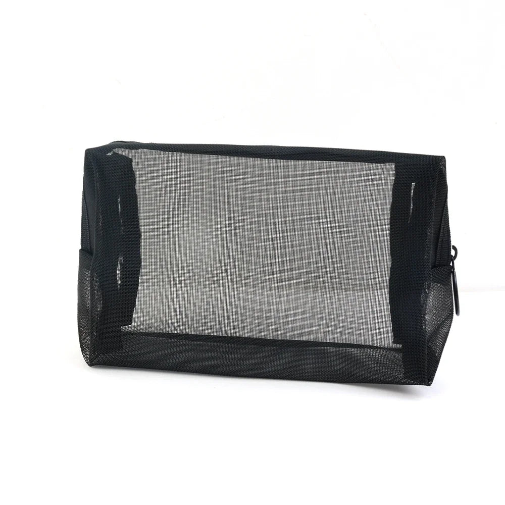 Black mesh travel cosmetic storage pouch with a zipper.