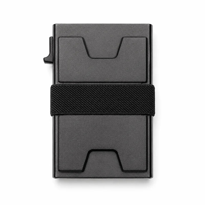 Porte-cartes minimaliste anti-RFID noire avec sangle texturée et fentes.