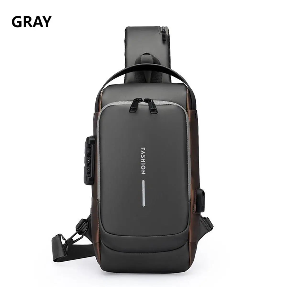 A gray men's anti-theft lock chest bag with a brown leather accent and black strap.