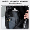 A black helmet backpack with a built-in net pocket and a hook for hanging keys is shown inside.