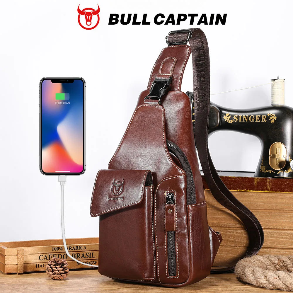 A brown genuine leather sling backpack is shown next to a hair styling tool and a smartphone.