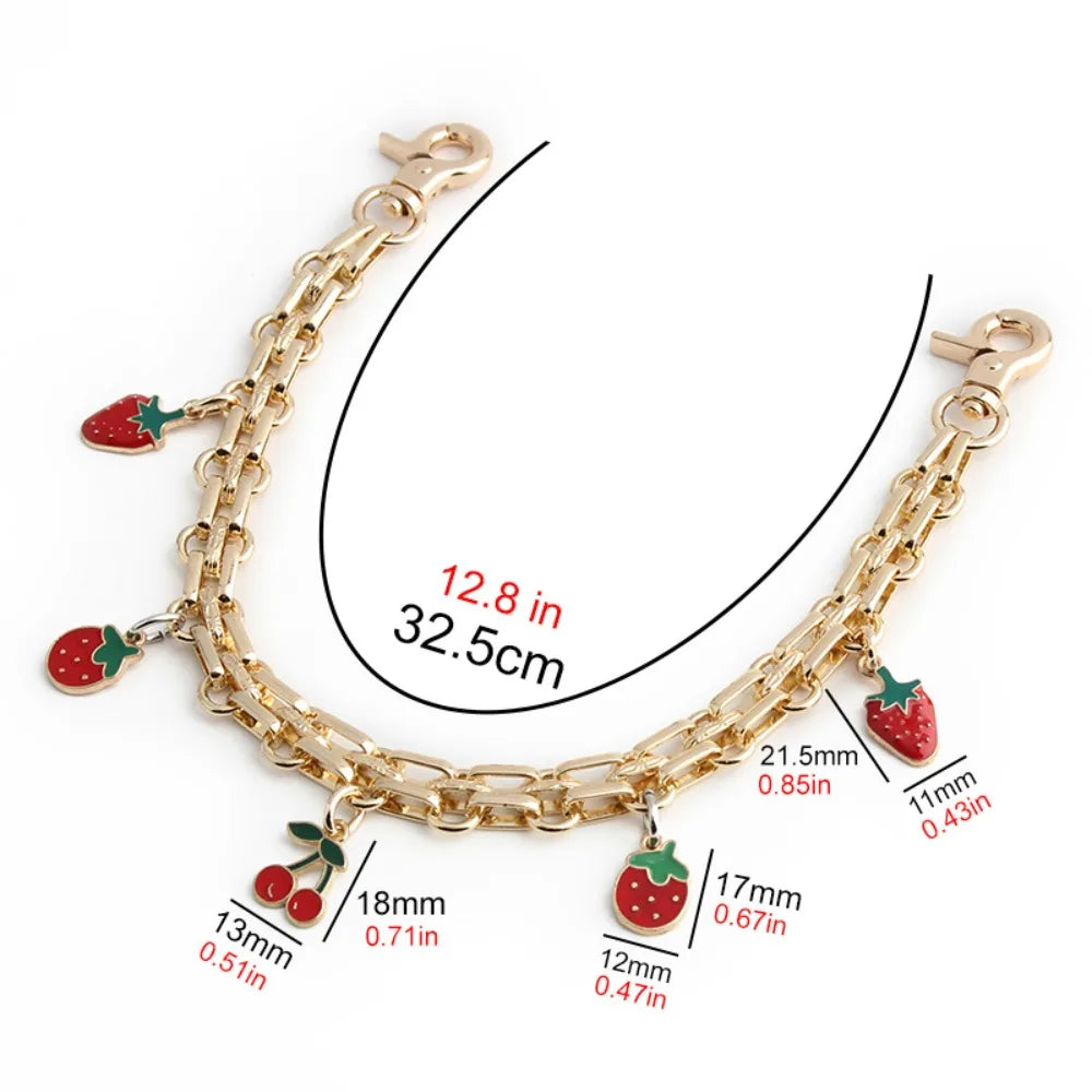 Gold metal purse chain strap with strawberry charms and various length options
