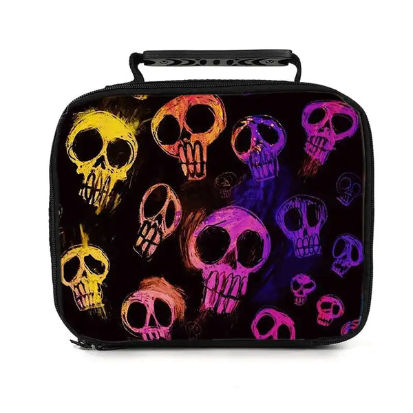 A black handheld lunch bag featuring a colorful skull pattern in yellow, pink, and purple hues.