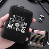 A black compact RFID-blocking card wallet with 11 slots is held in a hand, featuring supernatural and occult symbols.