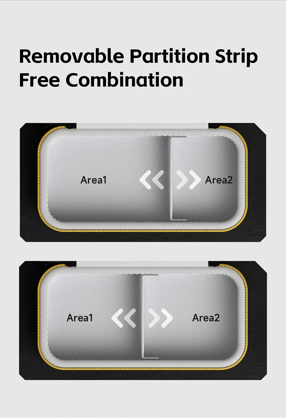A removable partition strip free combination organizer showing two divided areas labeled Area1 and Area2.