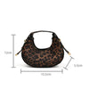 A brown leopard print PU leather mini tote handbag shown with dimensions.