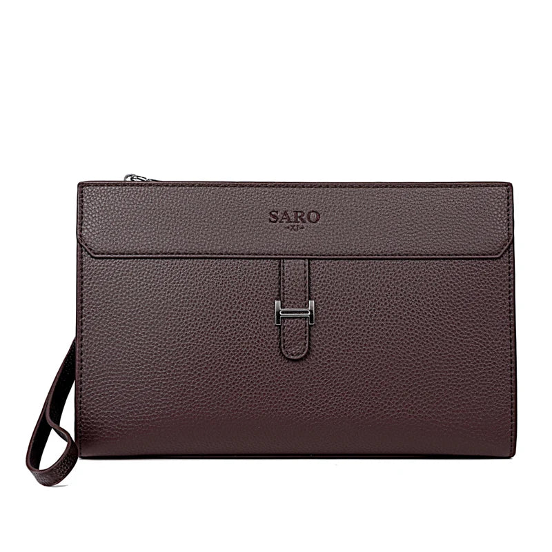 A dark brown men's PU leather clutch bag with a silver clasp and a leather strap.