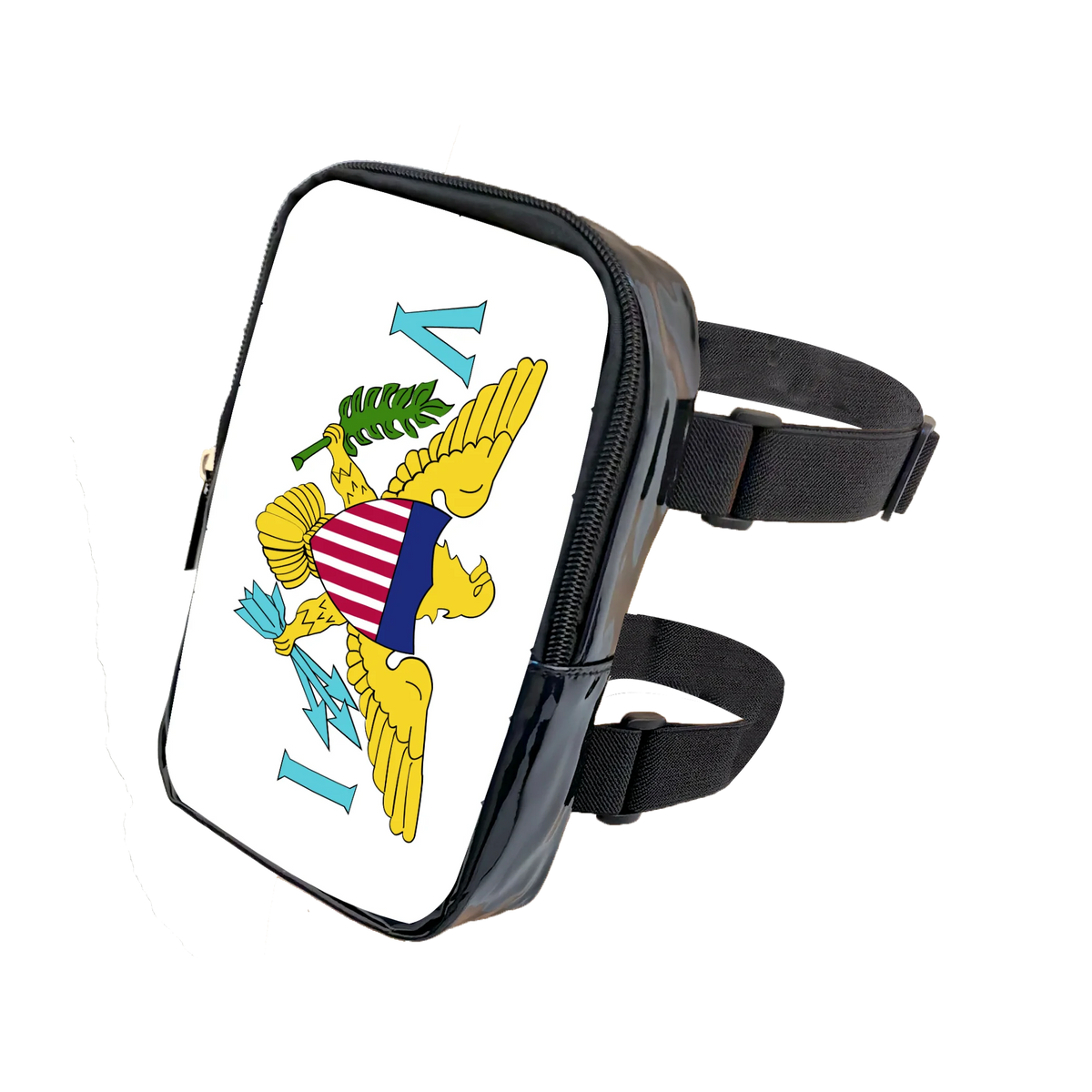 A black adjustable PU waist pouch with a clear window showing a yellow eagle design on a white background.
