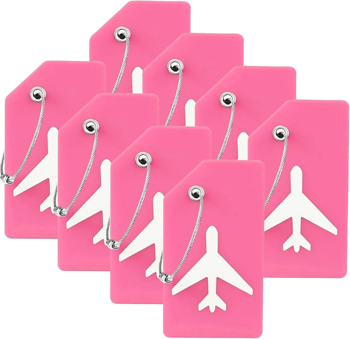 A set of pink silicone luggage tags shaped like airplanes with silver clasps.