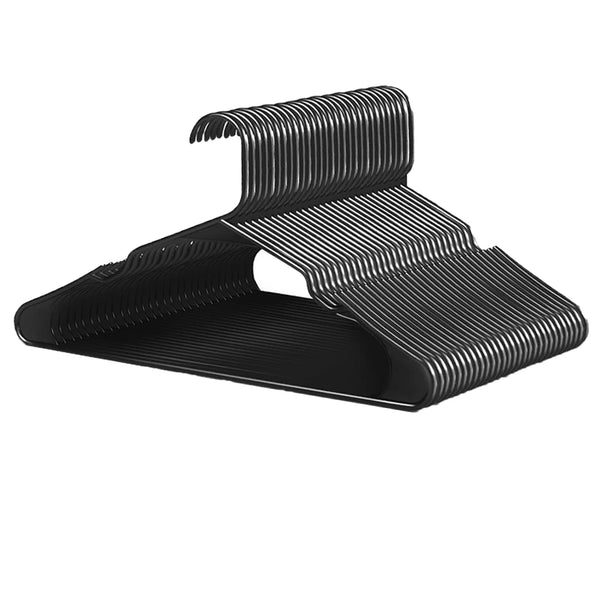 A black durable plastic non-slip clothing hanger with a curved hook design.