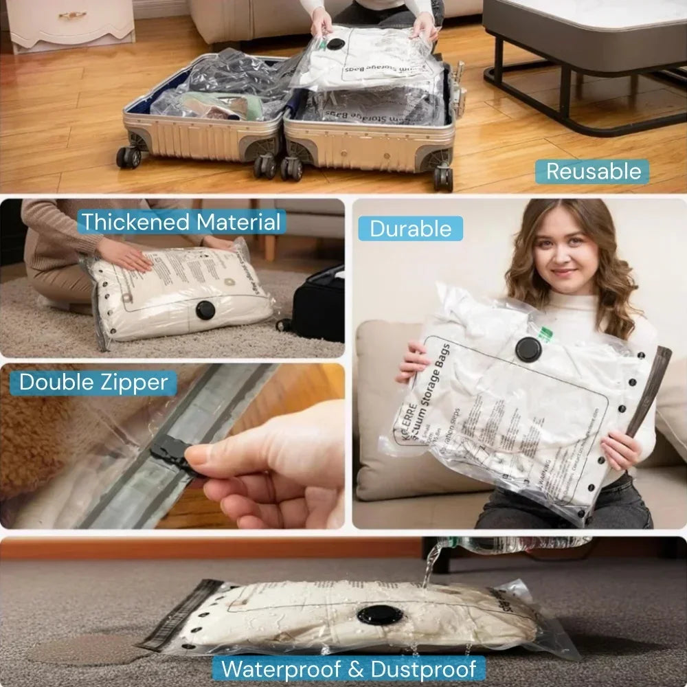 Différentes vues de sacs de rangement pour aspirateur réutilisables, montrant la durabilité, les doubles fermetures et les ca