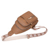A tan PU leather crossbody chest bag with a patterned strap is shown from above.