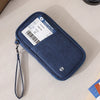 Cartera de pasaporte azul oscuro para bloquear RFID, con cordón para viajes seguros.
