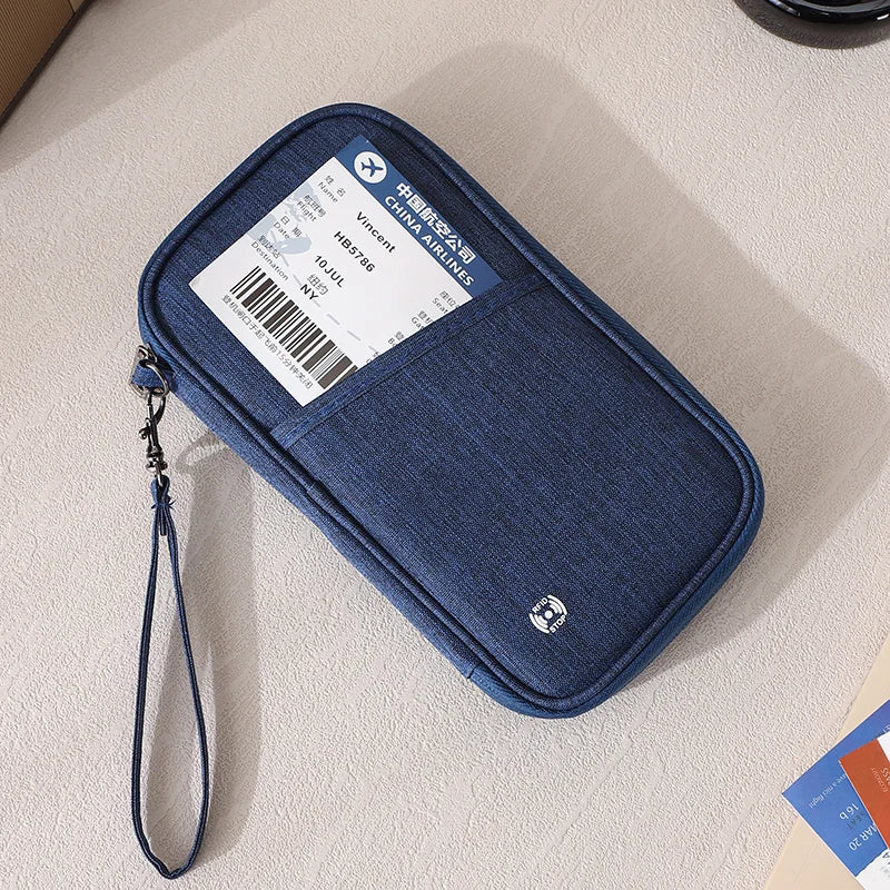 Cartera de pasaporte azul oscuro para bloquear RFID, con cordón para viajes seguros.