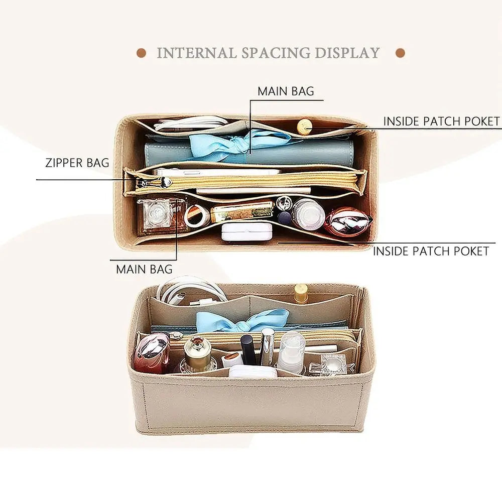 A beige felt bag organizer insert showing various compartments for pens, accessories, and a tie.