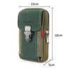 A dark olive green tactical belt pouch designed to hold a mobile phone.