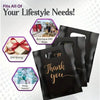Black plastic gift bags shown with a gold thank you message and a boutique gift bag in various angles