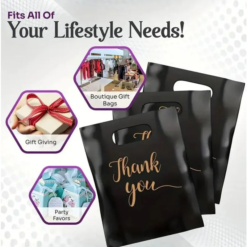 Black plastic gift bags shown with a gold thank you message and a boutique gift bag in various angles