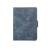 A dark gray leather passport holder organizer with a flap closure.